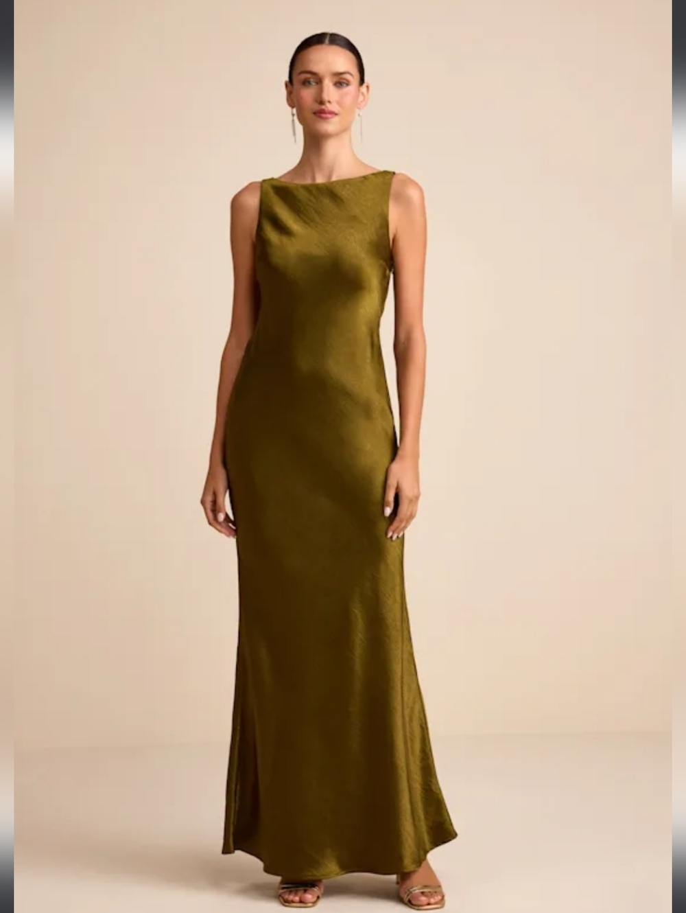 Janita Olive Satin Sleeveless Cowl Back Maxi Dress
